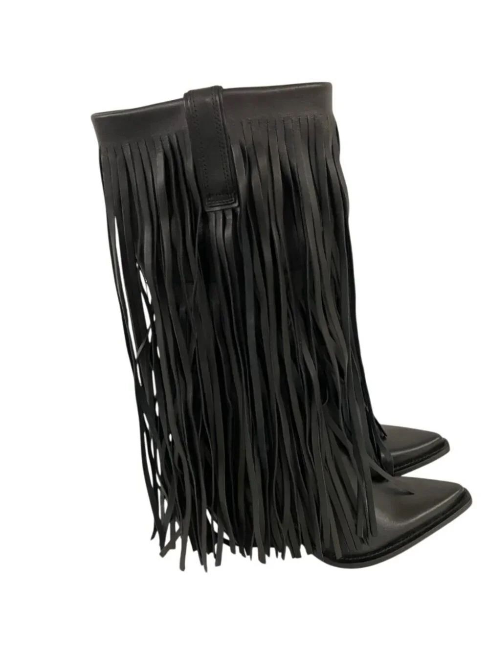 Zara Womens Leather Cowboy-Style Boots Fringe EU 39 US 8 Black 3034/410 NWOB